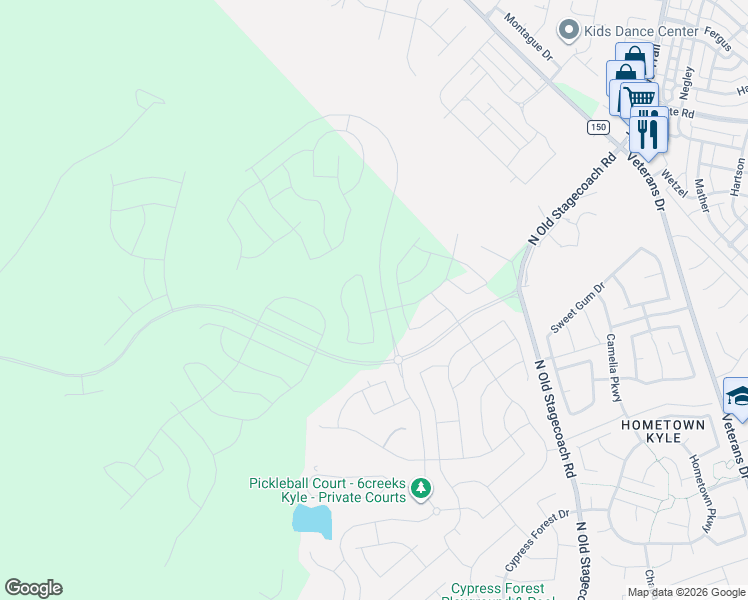 map of restaurants, bars, coffee shops, grocery stores, and more near Six Creeks Boulevard in Kyle