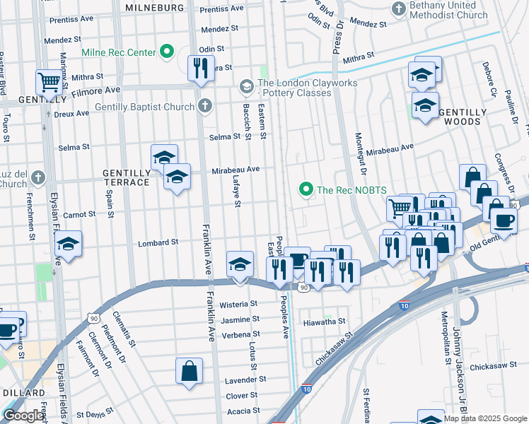 map of restaurants, bars, coffee shops, grocery stores, and more near 4625 Eastern Street in New Orleans
