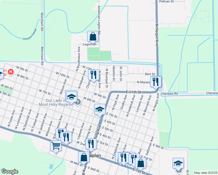map of restaurants, bars, coffee shops, grocery stores, and more near 201-205 West 10th Street in Kaplan