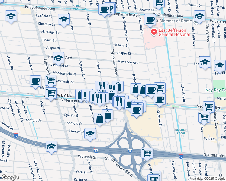 map of restaurants, bars, coffee shops, grocery stores, and more near 4641 Veterans Boulevard in Metairie