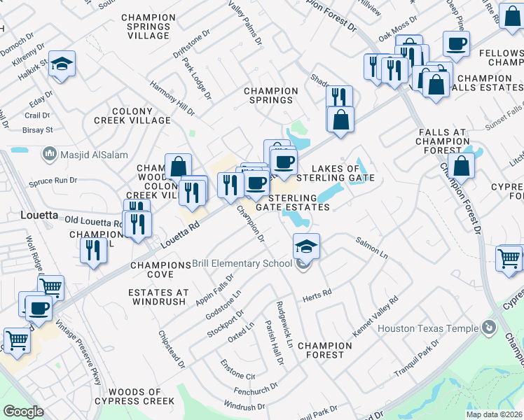 map of restaurants, bars, coffee shops, grocery stores, and more near 9107 New Forest Road in Spring