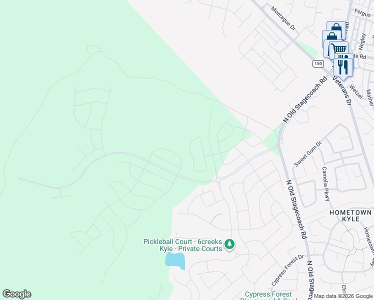 map of restaurants, bars, coffee shops, grocery stores, and more near Six Creeks Boulevard in Kyle