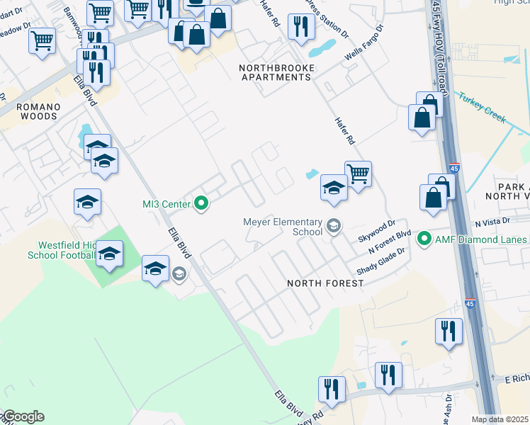 map of restaurants, bars, coffee shops, grocery stores, and more near 16350 Ella Boulevard in Houston