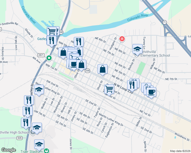 map of restaurants, bars, coffee shops, grocery stores, and more near 107 Hudgins Street in Smithville