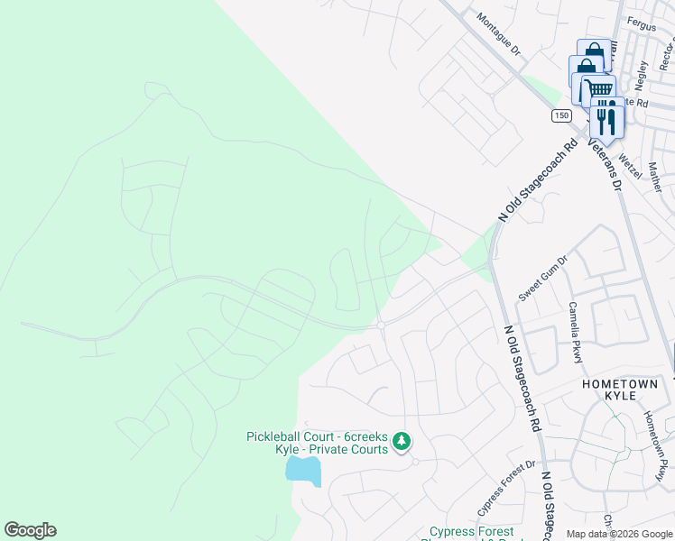 map of restaurants, bars, coffee shops, grocery stores, and more near Six Creeks Boulevard in Kyle
