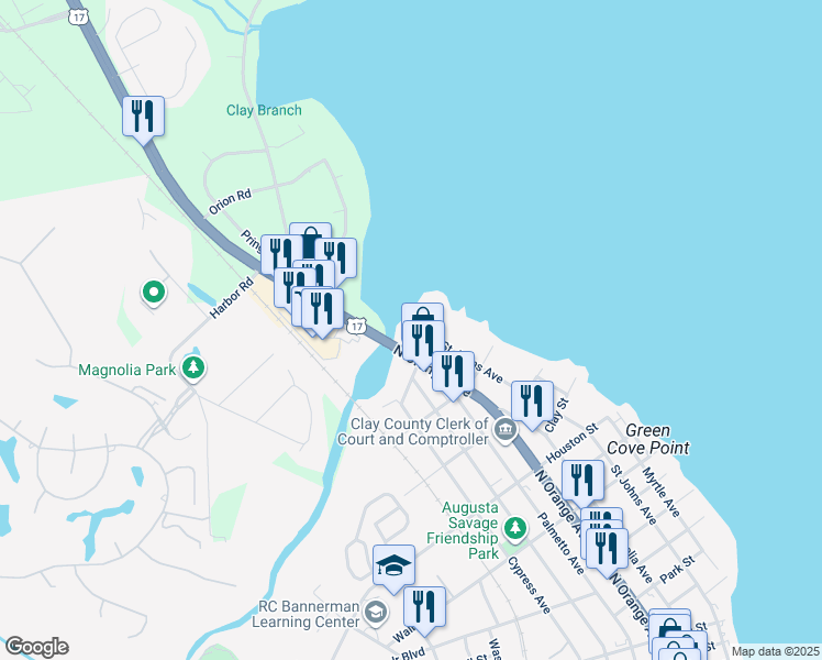 map of restaurants, bars, coffee shops, grocery stores, and more near 162 Governor Street in Green Cove Springs