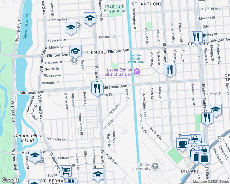 map of restaurants, bars, coffee shops, grocery stores, and more near 4929 Moore Drive in New Orleans