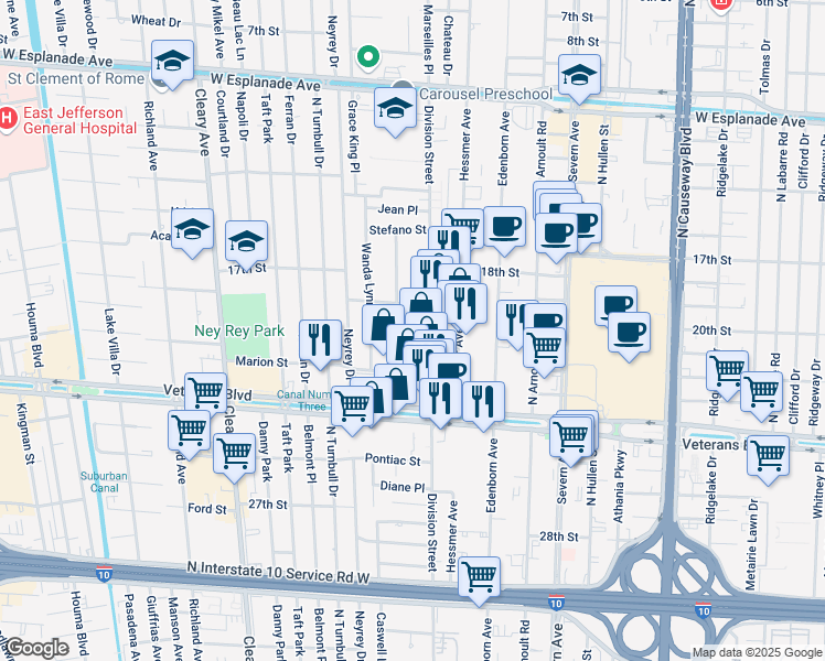 map of restaurants, bars, coffee shops, grocery stores, and more near 3440 Division Street in Metairie