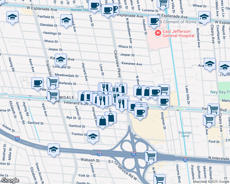 map of restaurants, bars, coffee shops, grocery stores, and more near 4641 Veterans Boulevard in Metairie