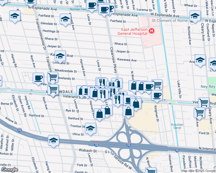 map of restaurants, bars, coffee shops, grocery stores, and more near 4641 Veterans Boulevard in Metairie
