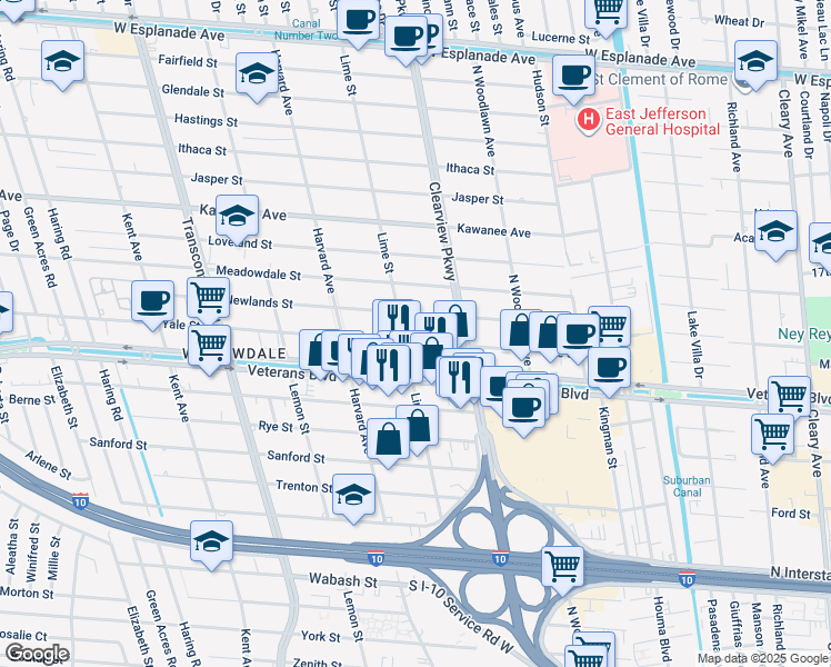 map of restaurants, bars, coffee shops, grocery stores, and more near 4641 Veterans Boulevard in Metairie