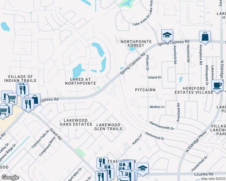 map of restaurants, bars, coffee shops, grocery stores, and more near 13202 Vinery Court in Cypress