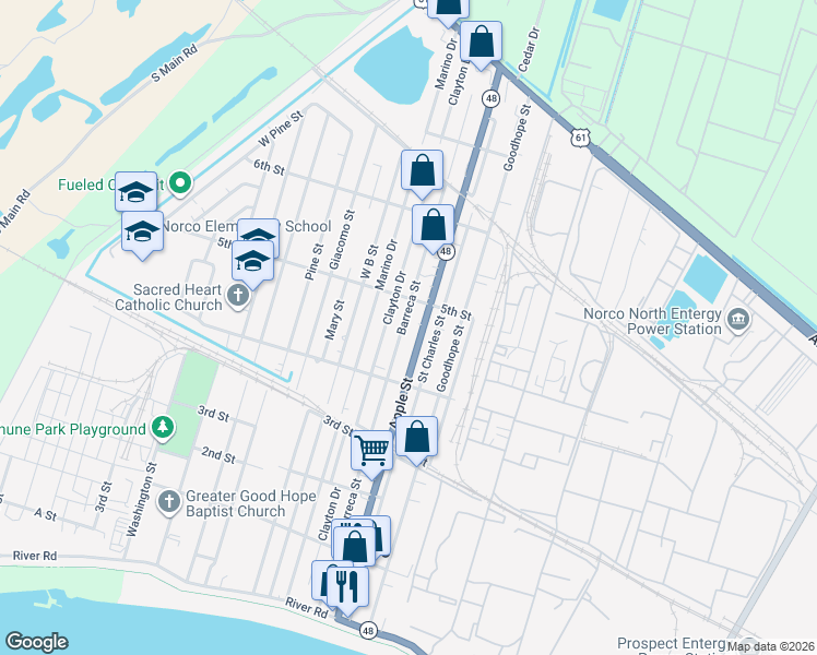 map of restaurants, bars, coffee shops, grocery stores, and more near 430 Barreca Street in Norco