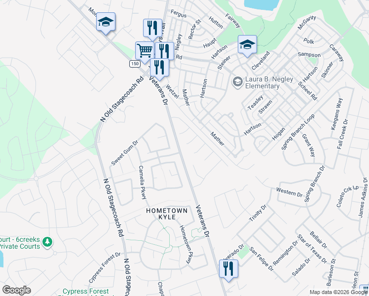 map of restaurants, bars, coffee shops, grocery stores, and more near 588 Bottle Brush Drive in Kyle
