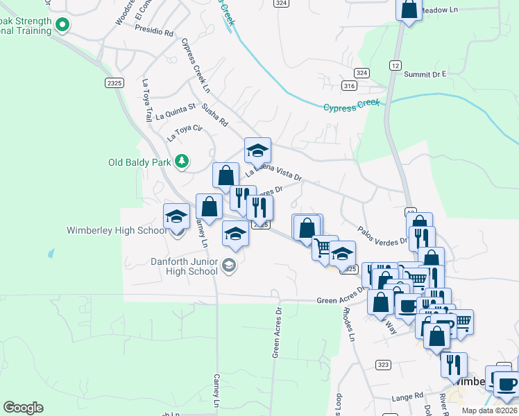map of restaurants, bars, coffee shops, grocery stores, and more near 801 Farm to Market Road 2325 in Wimberley
