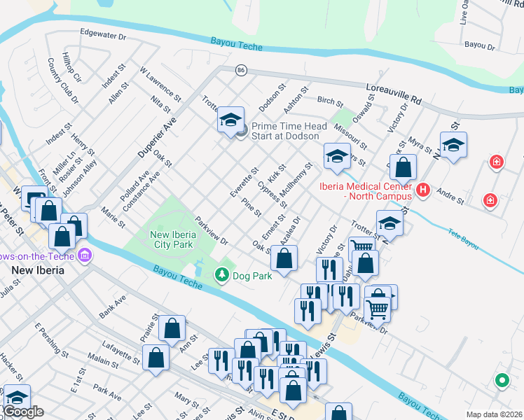 map of restaurants, bars, coffee shops, grocery stores, and more near 741-833 Pine Street in New Iberia