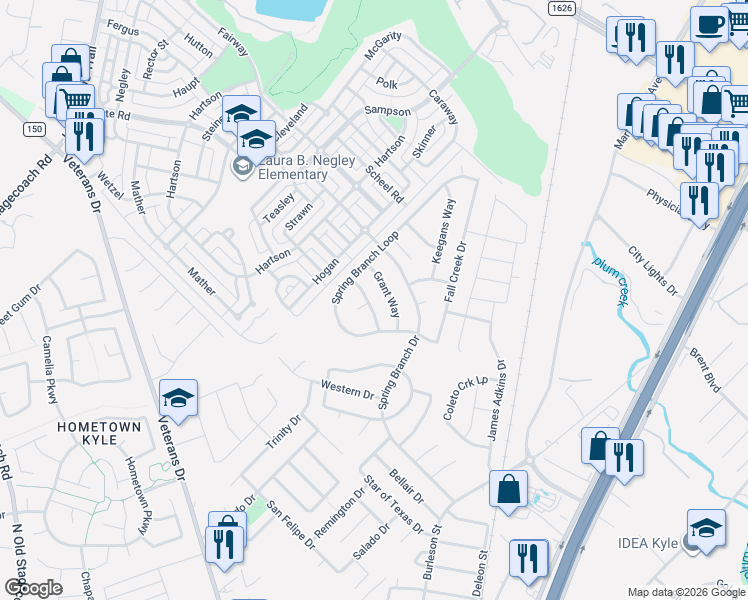 map of restaurants, bars, coffee shops, grocery stores, and more near 128 Spring Branch Loop in Kyle