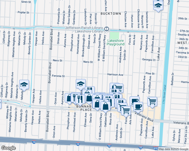 map of restaurants, bars, coffee shops, grocery stores, and more near 841 Sena Drive in Metairie