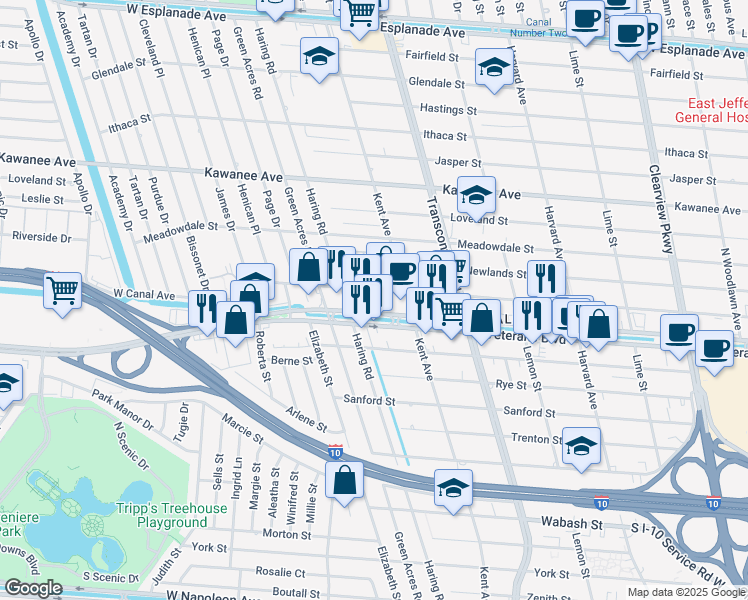 map of restaurants, bars, coffee shops, grocery stores, and more near 3400 Kent Avenue in Metairie