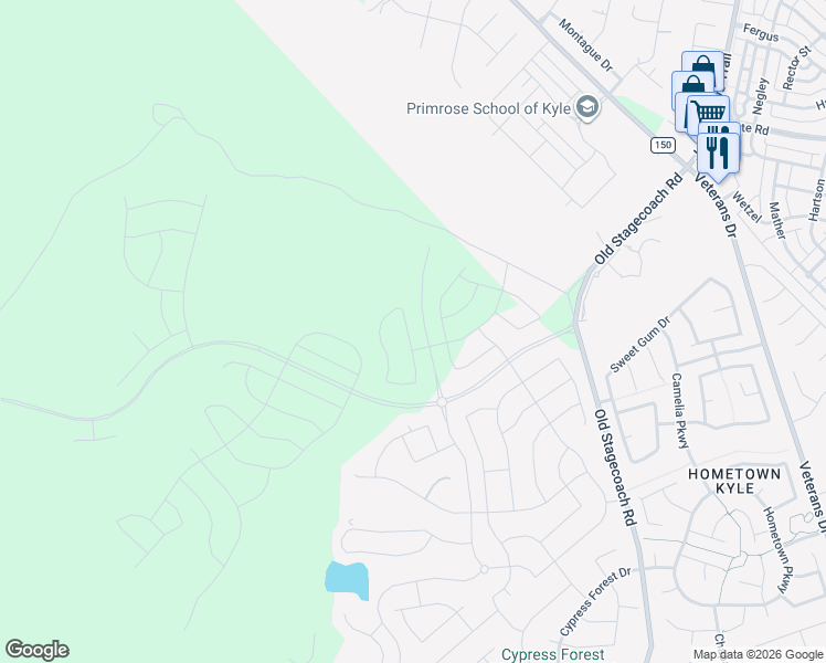 map of restaurants, bars, coffee shops, grocery stores, and more near Six Creeks Boulevard in Kyle