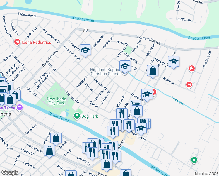 map of restaurants, bars, coffee shops, grocery stores, and more near 507 Ernest Street in New Iberia