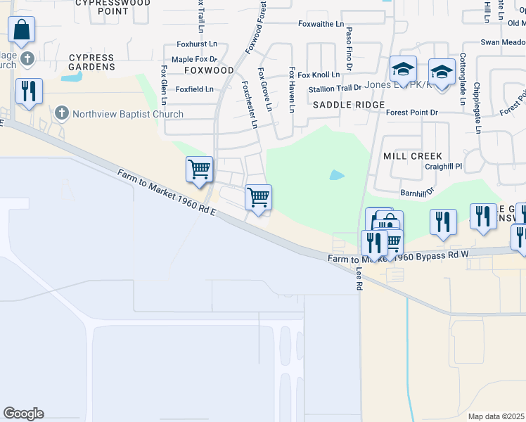 map of restaurants, bars, coffee shops, grocery stores, and more near 7160 Foxbrick Lane in Humble