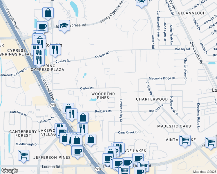 map of restaurants, bars, coffee shops, grocery stores, and more near 16314 Luzerne Drive in Houston