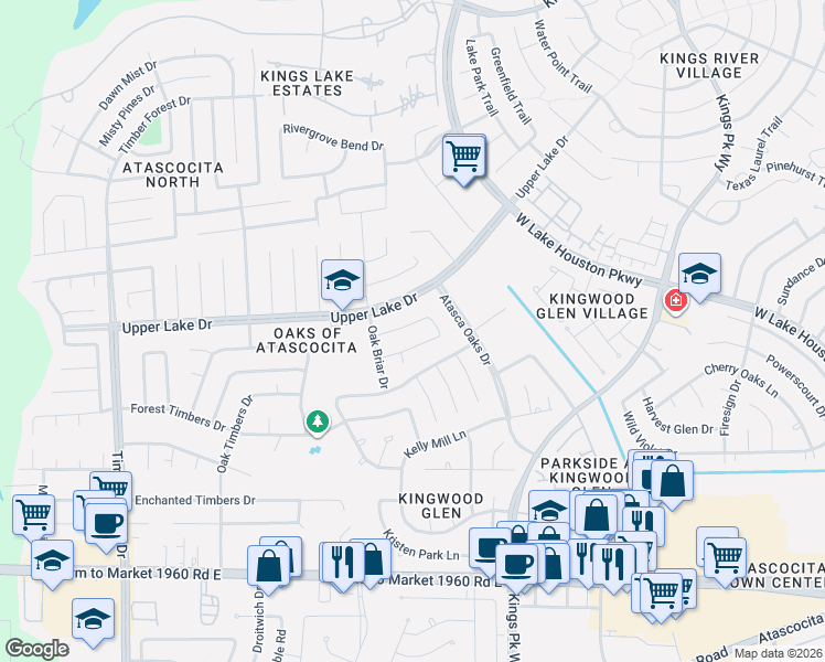 map of restaurants, bars, coffee shops, grocery stores, and more near 5918 Upper Lake Drive in Humble