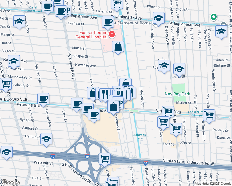 map of restaurants, bars, coffee shops, grocery stores, and more near 3501-3645 Houma Blvd in Metairie