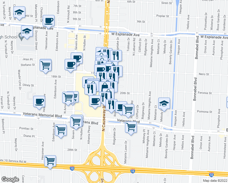 map of restaurants, bars, coffee shops, grocery stores, and more near 3012 19th Street in Metairie