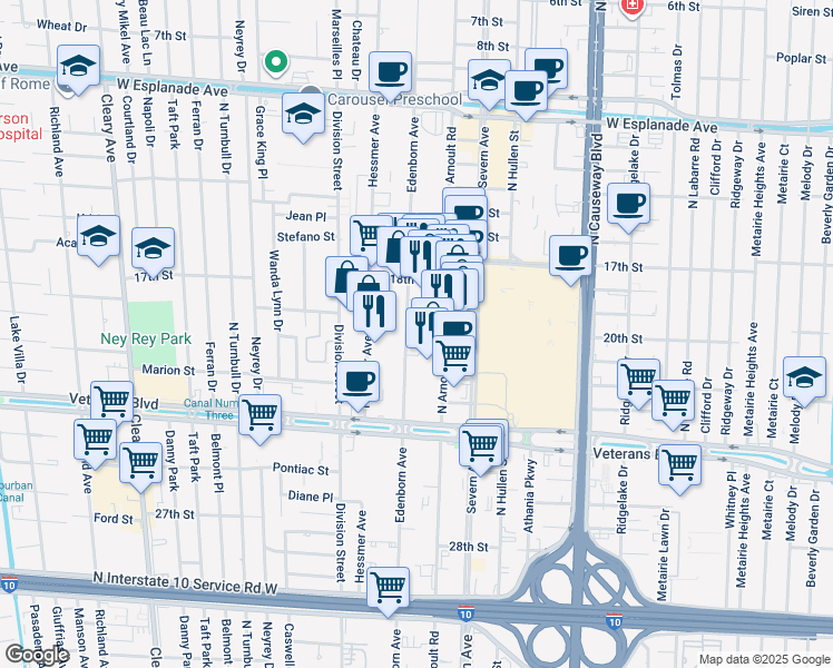 map of restaurants, bars, coffee shops, grocery stores, and more near 3105 Edenborn Avenue in Metairie