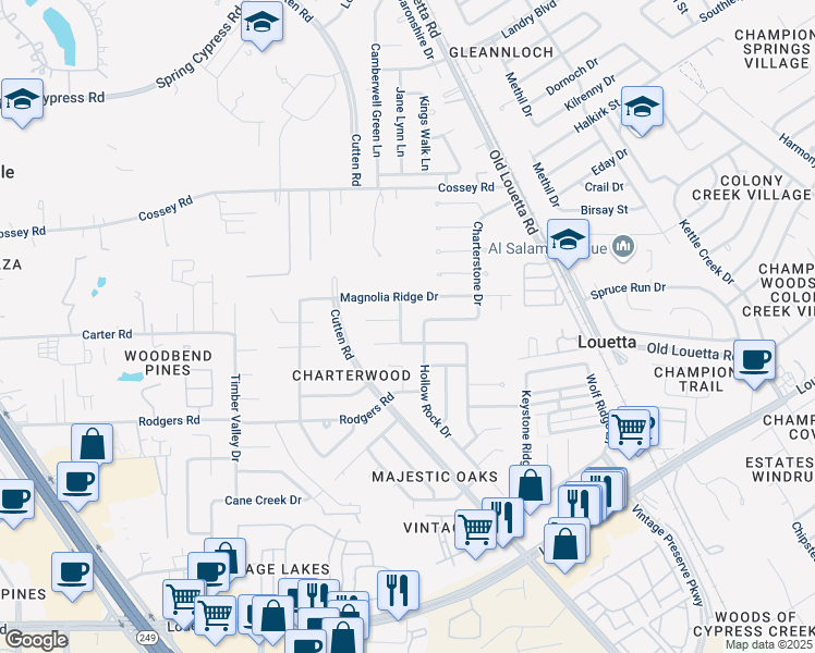 map of restaurants, bars, coffee shops, grocery stores, and more near 9510 Thistle Trail Drive in Houston