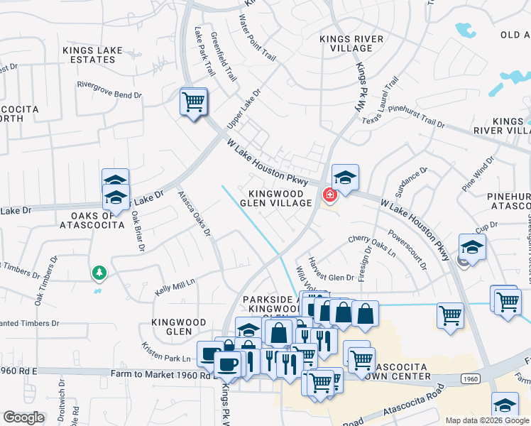 map of restaurants, bars, coffee shops, grocery stores, and more near 20210 Glen Burn Court in Humble