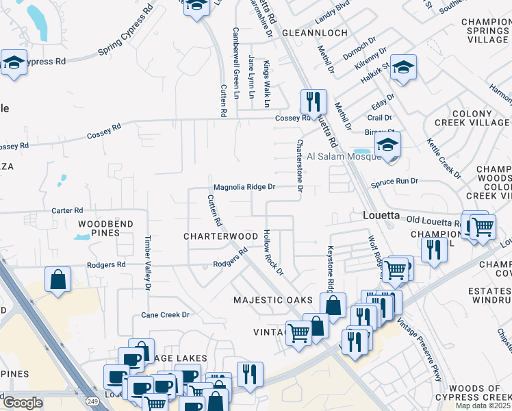 map of restaurants, bars, coffee shops, grocery stores, and more near 9510 Thistle Trail Drive in Houston