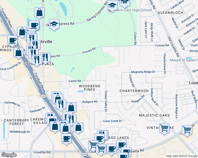 map of restaurants, bars, coffee shops, grocery stores, and more near 16314 Luzerne Drive in Houston