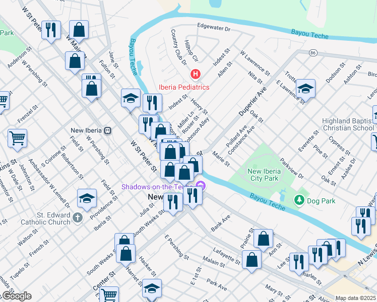 map of restaurants, bars, coffee shops, grocery stores, and more near 203 Front Street in New Iberia