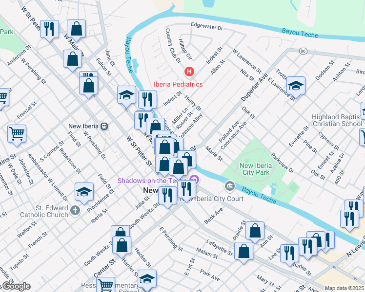map of restaurants, bars, coffee shops, grocery stores, and more near 203 Front Street in New Iberia