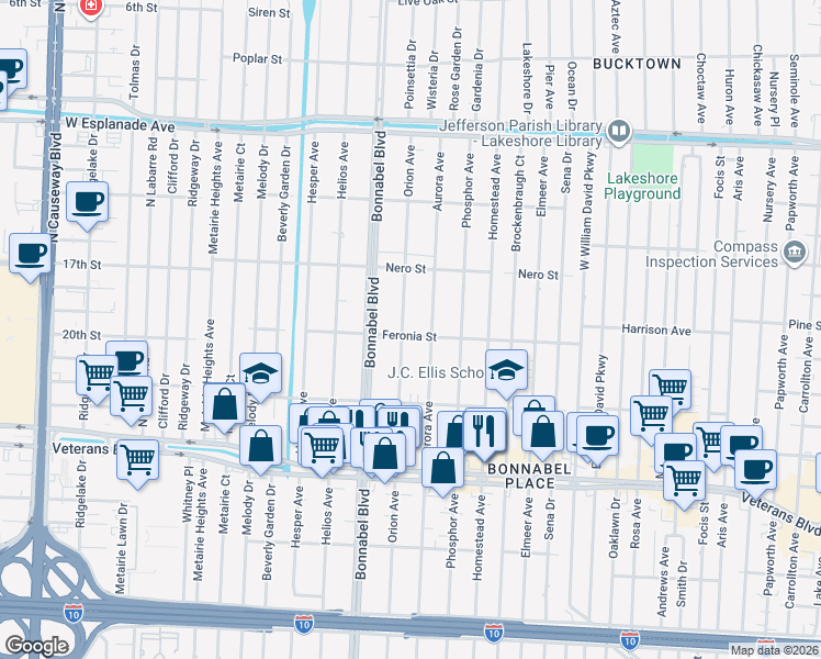 map of restaurants, bars, coffee shops, grocery stores, and more near 1017 Orion Avenue in Metairie