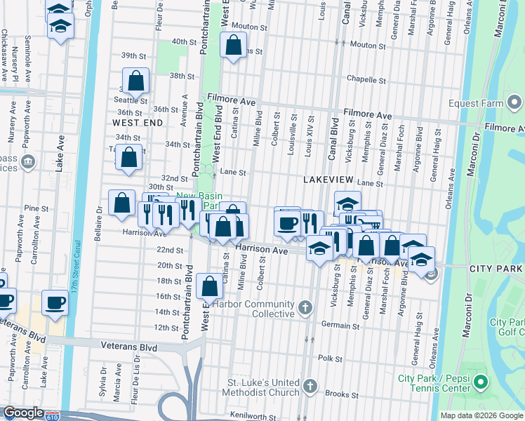 map of restaurants, bars, coffee shops, grocery stores, and more near 6411 Colbert Street in New Orleans