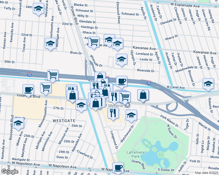 map of restaurants, bars, coffee shops, grocery stores, and more near Interstate 10 in Metairie