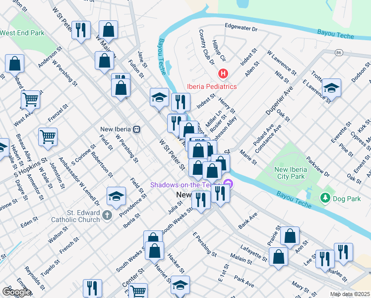 map of restaurants, bars, coffee shops, grocery stores, and more near 145 West Main Street in New Iberia