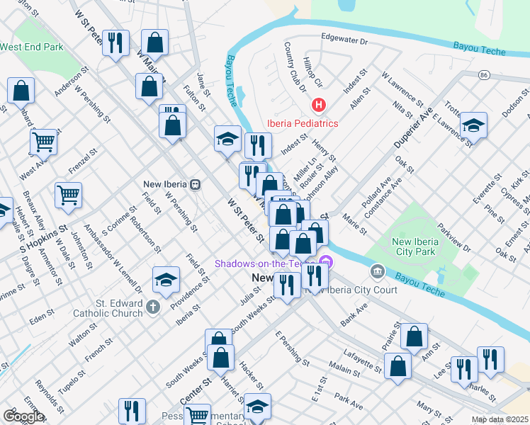 map of restaurants, bars, coffee shops, grocery stores, and more near 145 West Main Street in New Iberia
