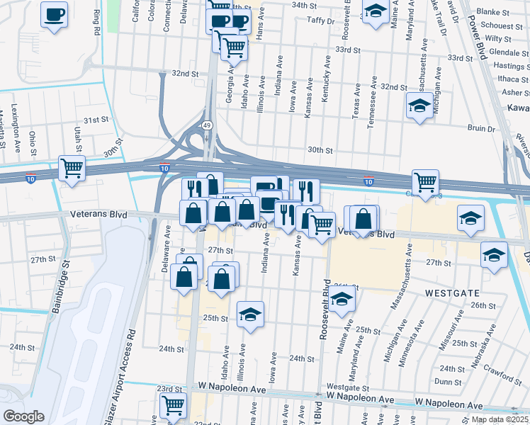 map of restaurants, bars, coffee shops, grocery stores, and more near 2240 Veterans Memorial Boulevard in Kenner