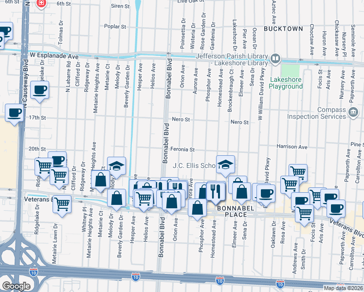 map of restaurants, bars, coffee shops, grocery stores, and more near 1017 Orion Avenue in Metairie