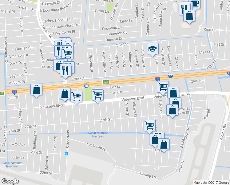 map of restaurants, bars, coffee shops, grocery stores, and more near 798 Gerry Drive in Kenner