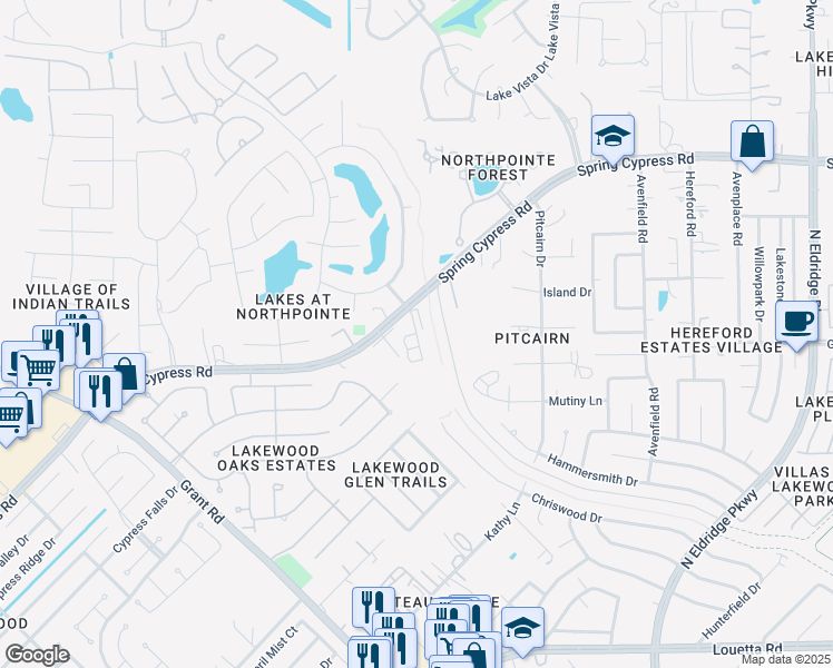 map of restaurants, bars, coffee shops, grocery stores, and more near 13047 Spring Cypress Road in Cypress