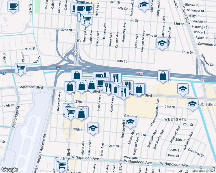 map of restaurants, bars, coffee shops, grocery stores, and more near 2300 Veterans Memorial Blvd in Kenner