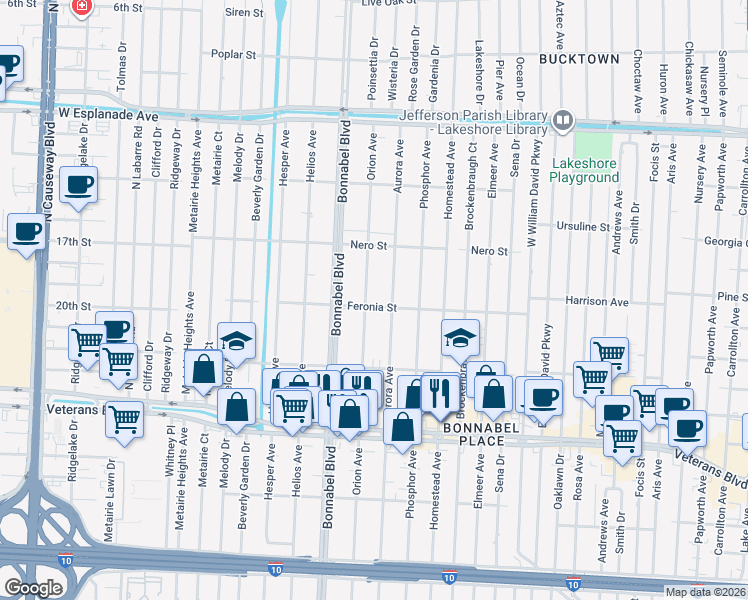 map of restaurants, bars, coffee shops, grocery stores, and more near 1017 Orion Avenue in Metairie