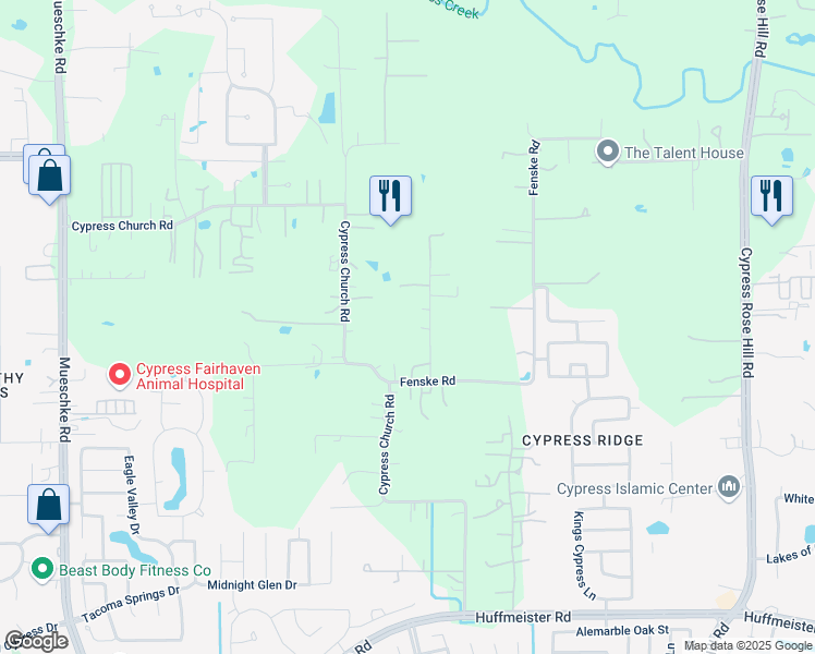 map of restaurants, bars, coffee shops, grocery stores, and more near 19207 Cy Fair Fire Road in Cypress