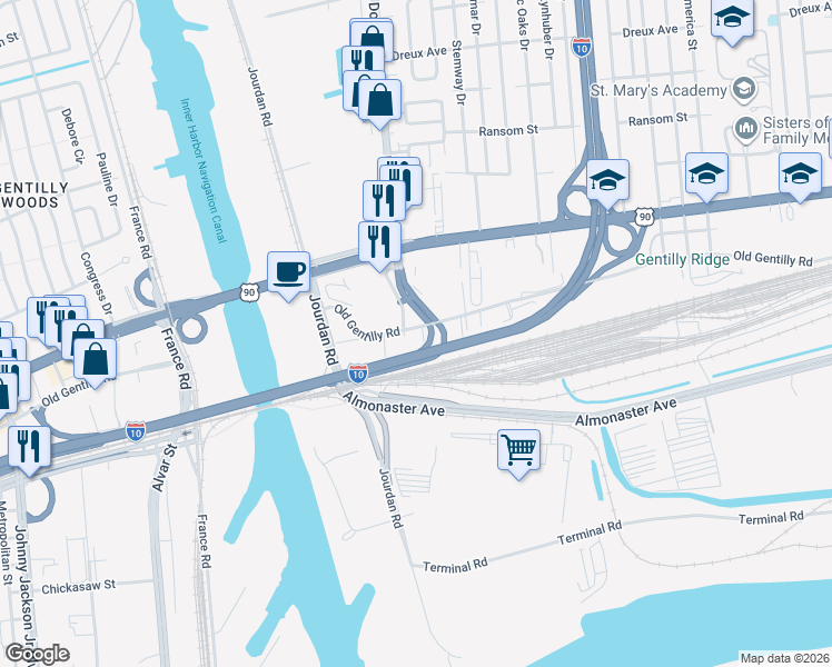 map of restaurants, bars, coffee shops, grocery stores, and more near 6001 Old Gentilly Road in New Orleans